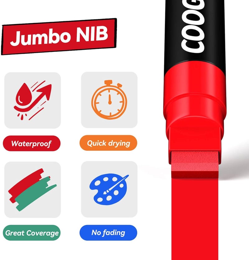 Coogert 12 Vibrant Colors Jumbo Poster Markers, 15MM Thick Permanent Acrylic Graffiti Markers, Wide Tip Paint Marker for Canvas, Posters Board, Fabric, Window, Wood, Teachers,Banner painting supplies - Image 3
